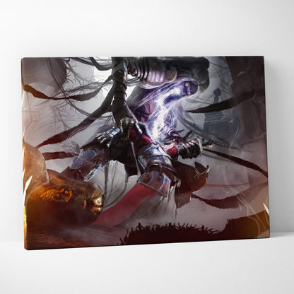 Dark assassin sorceress canvas art featuring a dark armored warrior with glowing white energy and a red cape