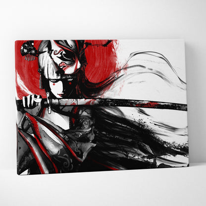 Samurai geisha canvas art featuring a black and red anime style warrior woman with katana against a red sun backdrop