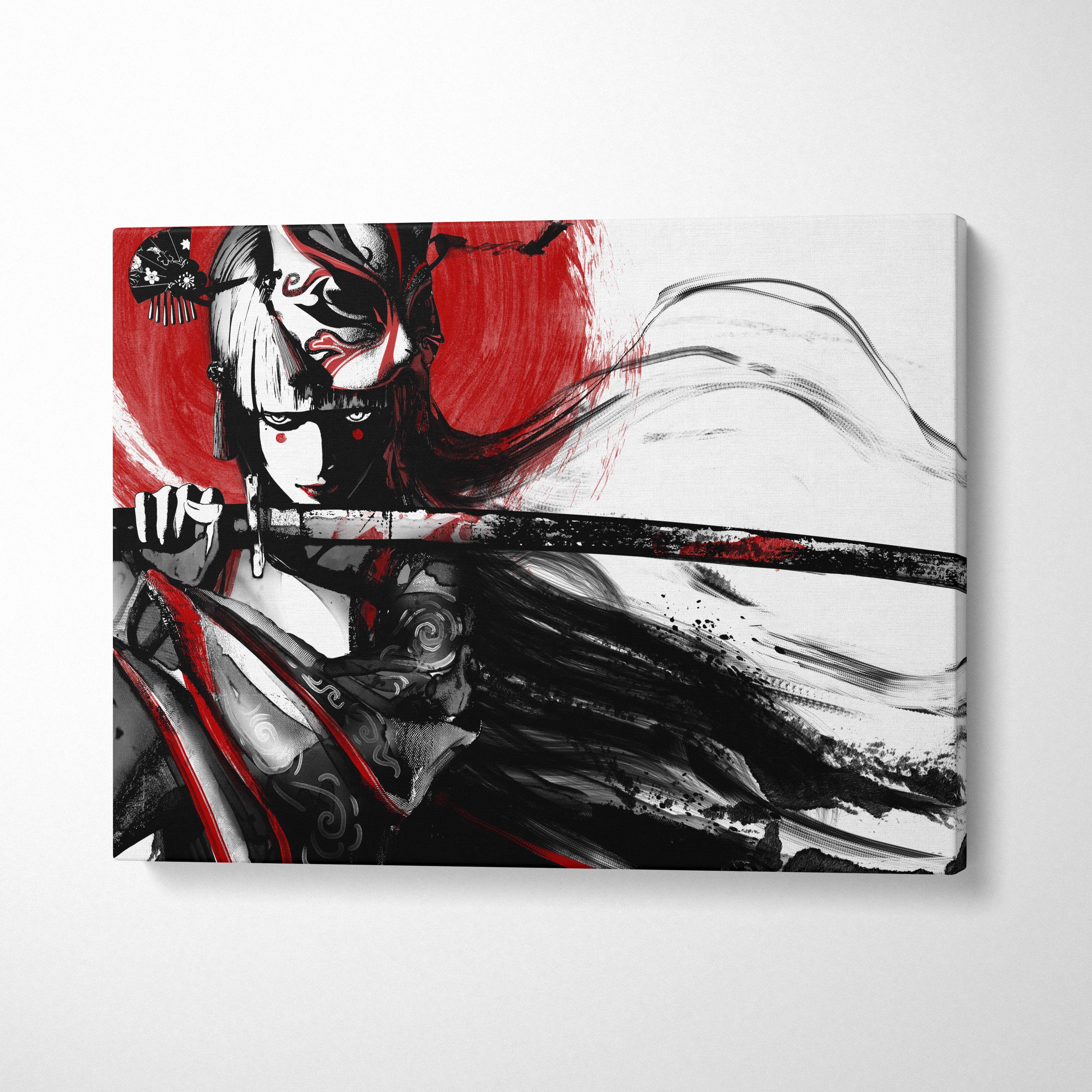 Black-and-red stylized anime samurai woman canvas print with flowing hair and traditional armor in japanese ink style