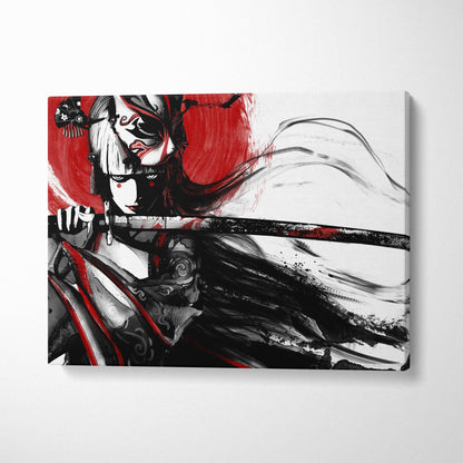 Black-and-red stylized anime samurai woman canvas print with flowing hair and traditional armor in japanese ink style