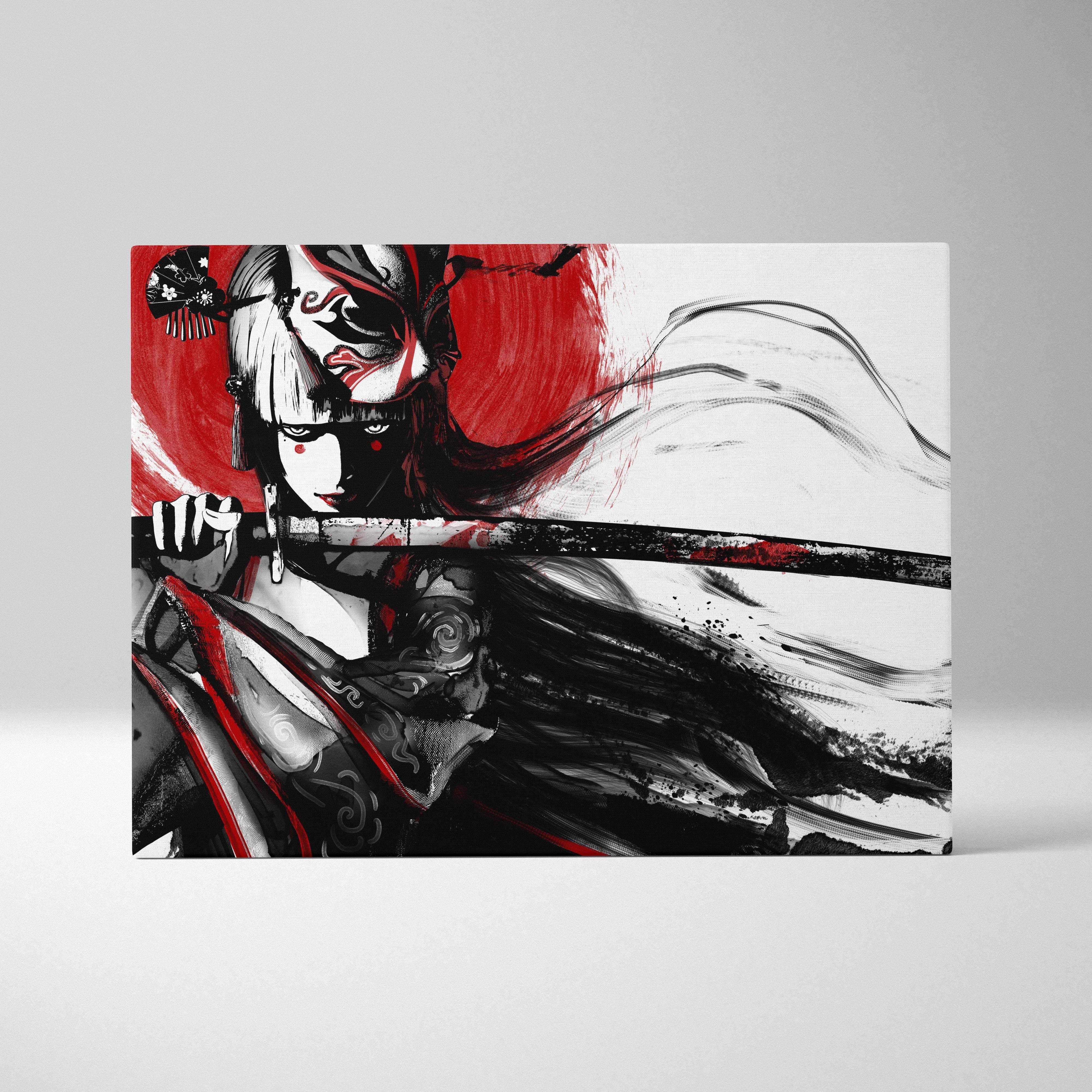 Black and red samurai geisha canvas art featuring a warrior woman with face paint and katana in japanese ink style