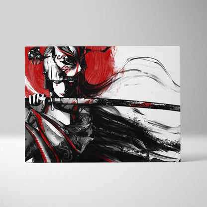Black and red samurai geisha canvas art featuring a warrior woman with face paint and katana in japanese ink style