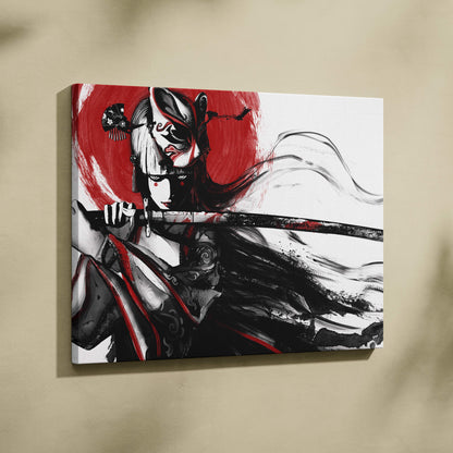 Samurai geisha canvas art featuring black and red stylized samurai with katana on white minimalist ink brushstroke background
