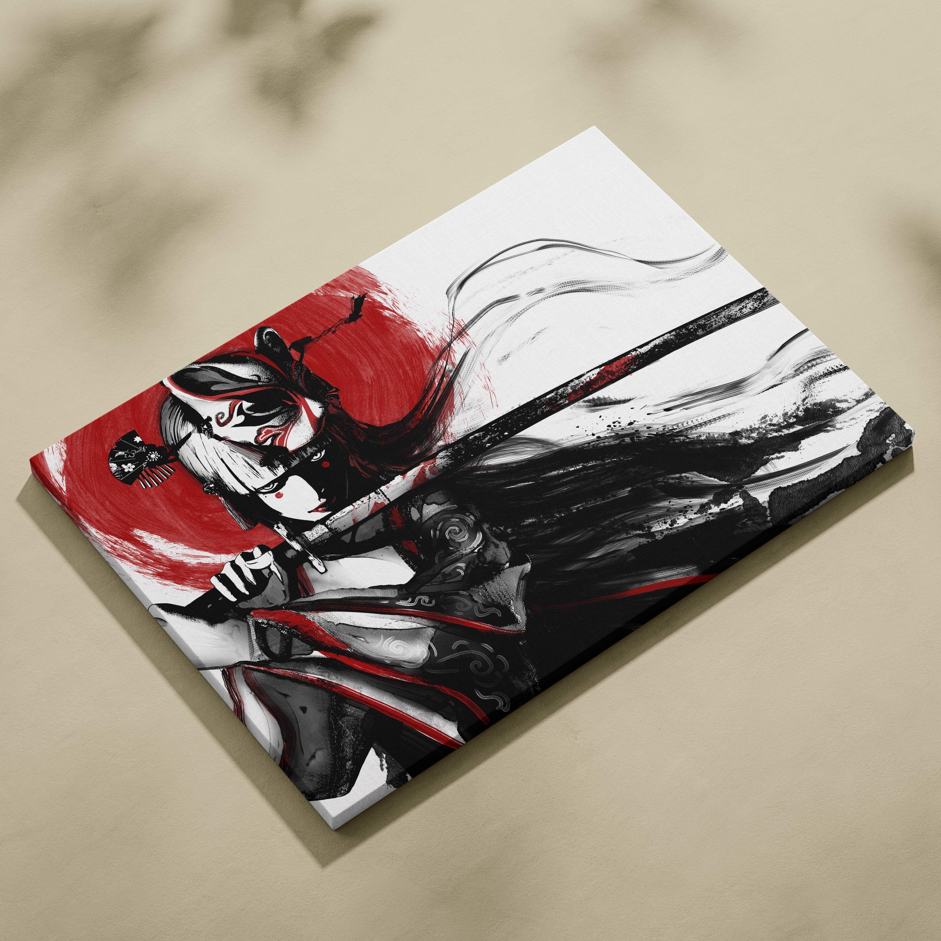 Samurai geisha canvas art with black and red ink stroke warrior woman holding katana and flowing hair on minimalist background