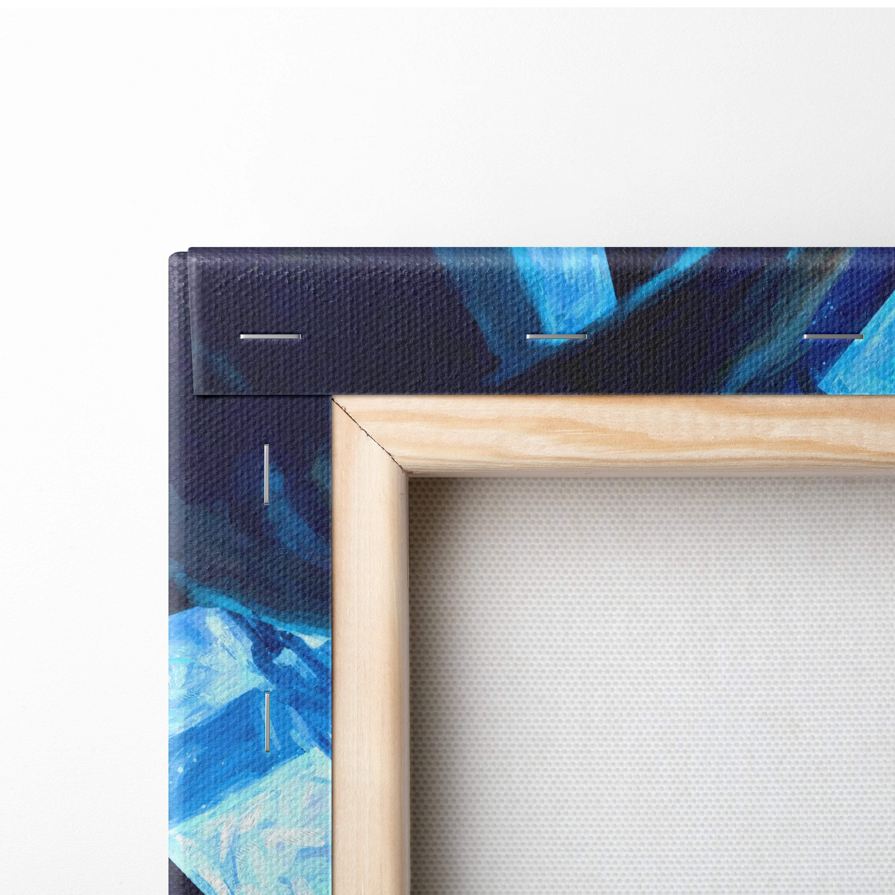A wooden-framed canvas painting with abstract blue and navy brushstrokes titled dreamlike ocean captain canvas art