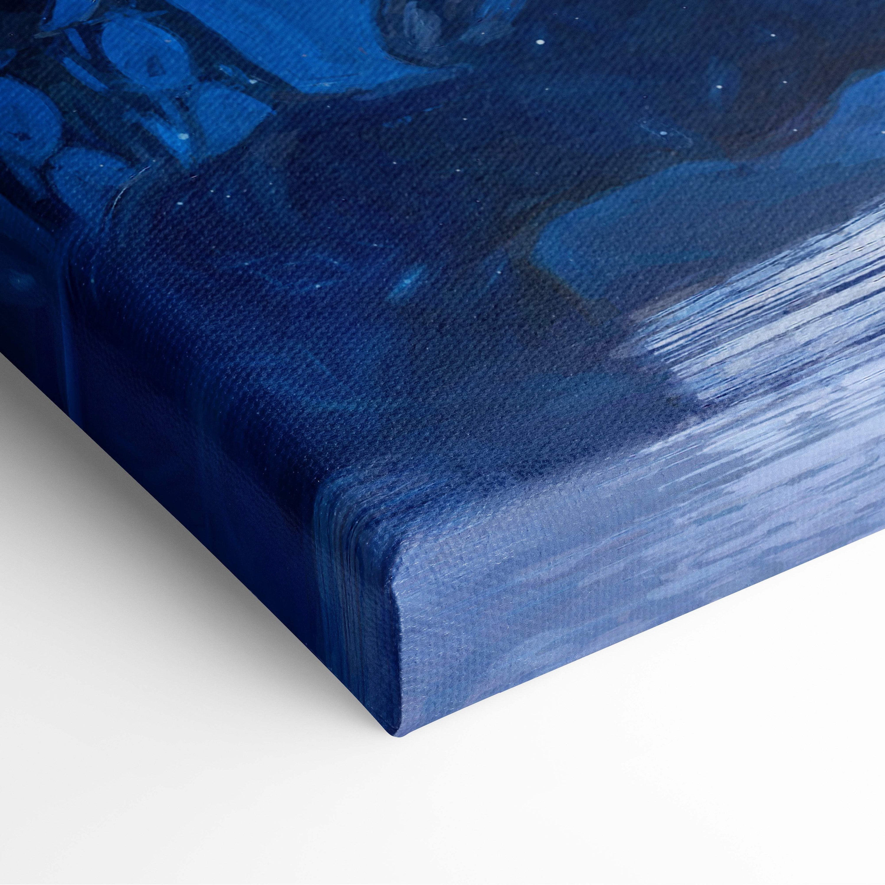 Blue abstract canvas painting with textured brushstrokes and deep navy hues from dreamlike ocean captain series