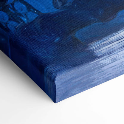 Blue abstract canvas painting with textured brushstrokes and deep navy hues from dreamlike ocean captain series