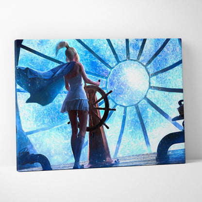 Blue canvas print of a woman in white dress with flowing blue cape at a ship helm framed by radiating glass panels