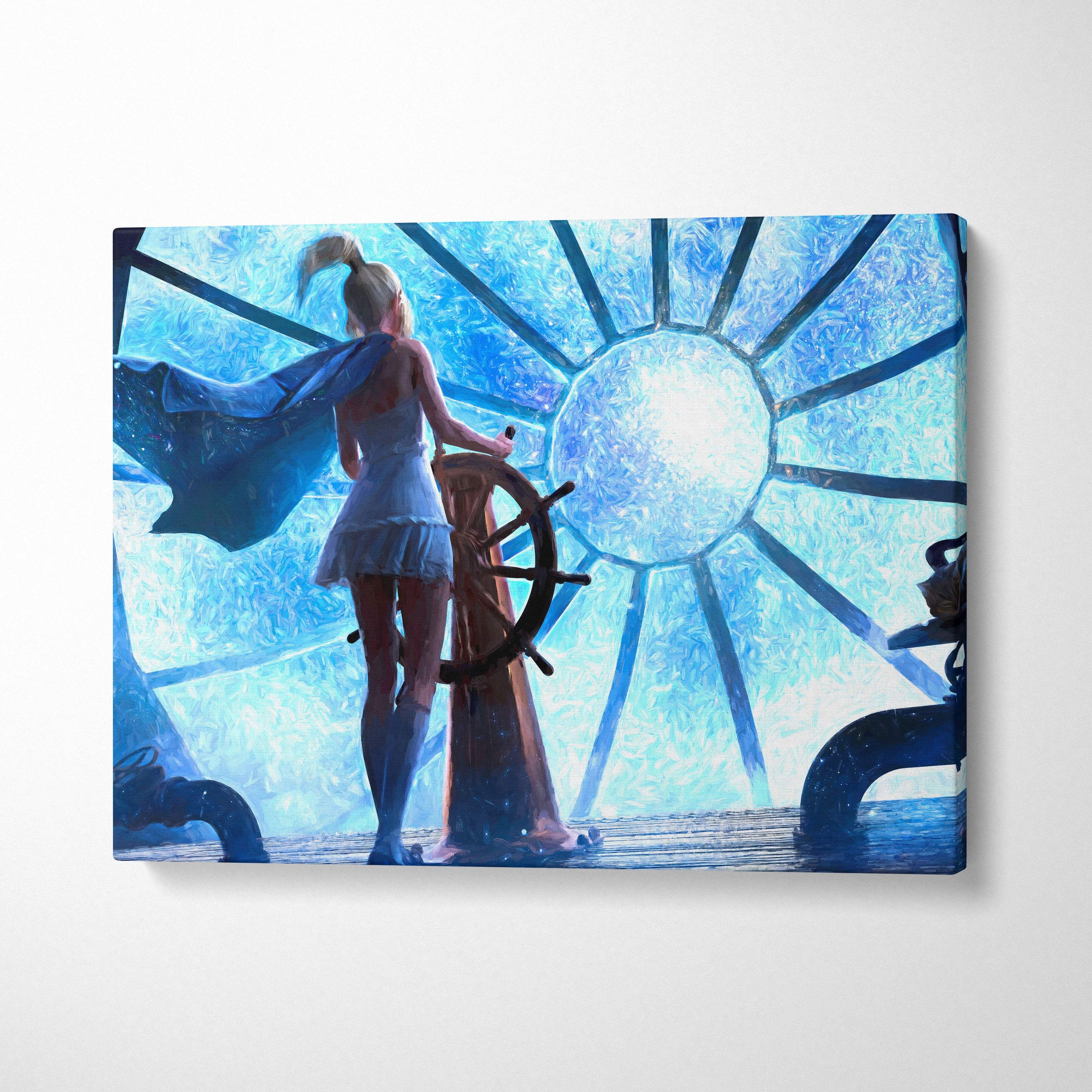 Blue-toned canvas print of a woman in white dress and blue cape at a ship helm with sunburst patterns behind her