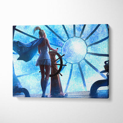 Blue-toned canvas print of a woman in white dress and blue cape at a ship helm with sunburst patterns behind her