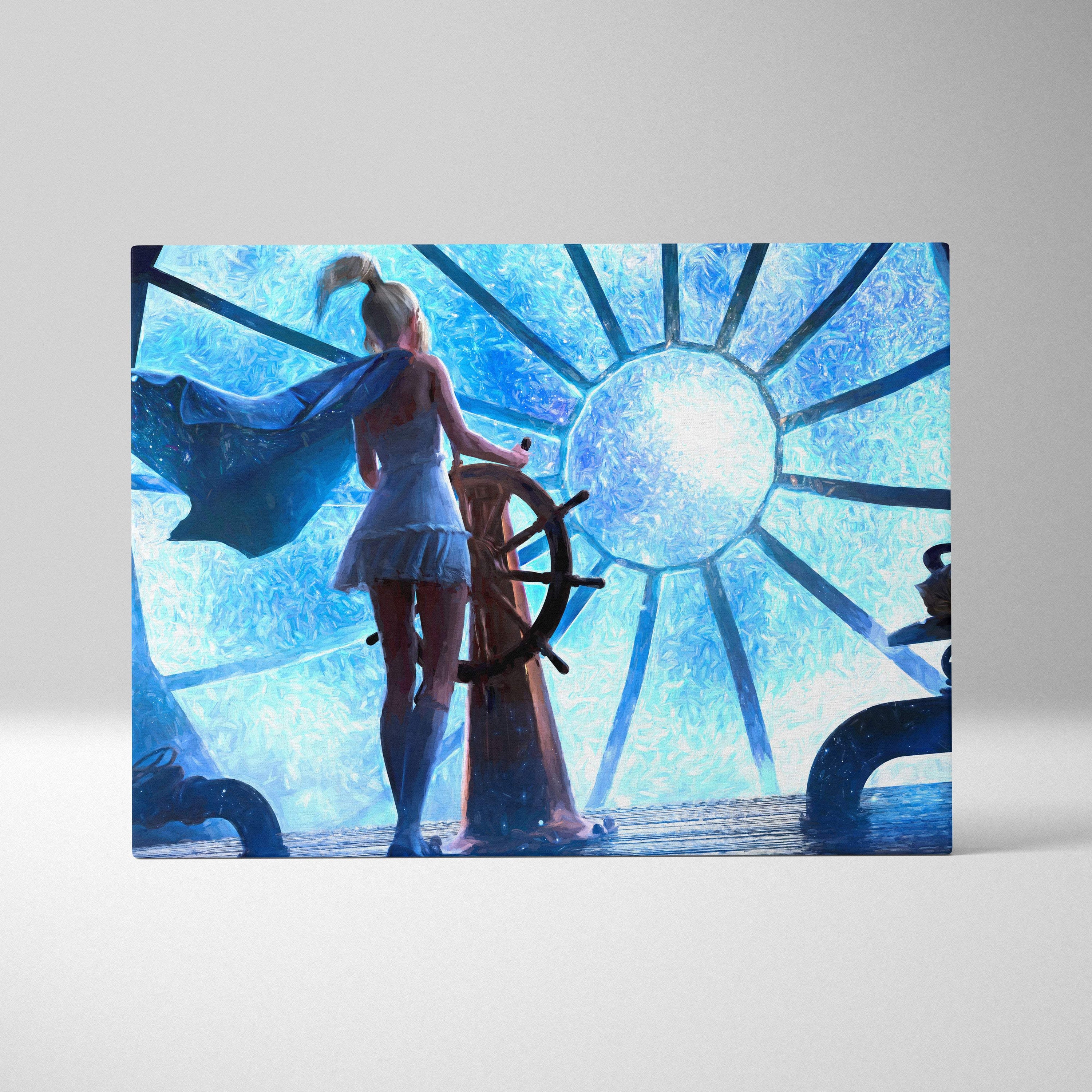 Blue and white illustrated canvas art of a woman in a short dress at a ship helm with a radiant sunburst window behind her