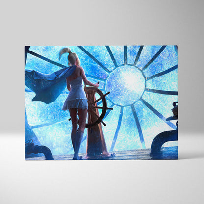 Blue and white illustrated canvas art of a woman in a short dress at a ship helm with a radiant sunburst window behind her