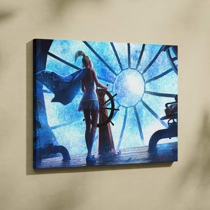 Blue canvas print of a woman in a white dress at a ship’s wheel under a sunburst stained-glass window