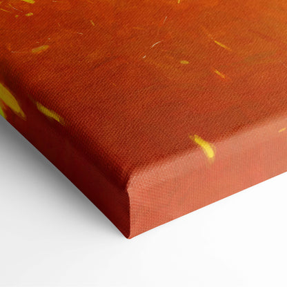 Textured canvas print of epic medieval knight battle with rust orange base and yellow paint splatters in fiery scene