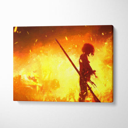 A vibrant orange and yellow canvas print of a silhouetted medieval knight with staff in a fiery siege scene