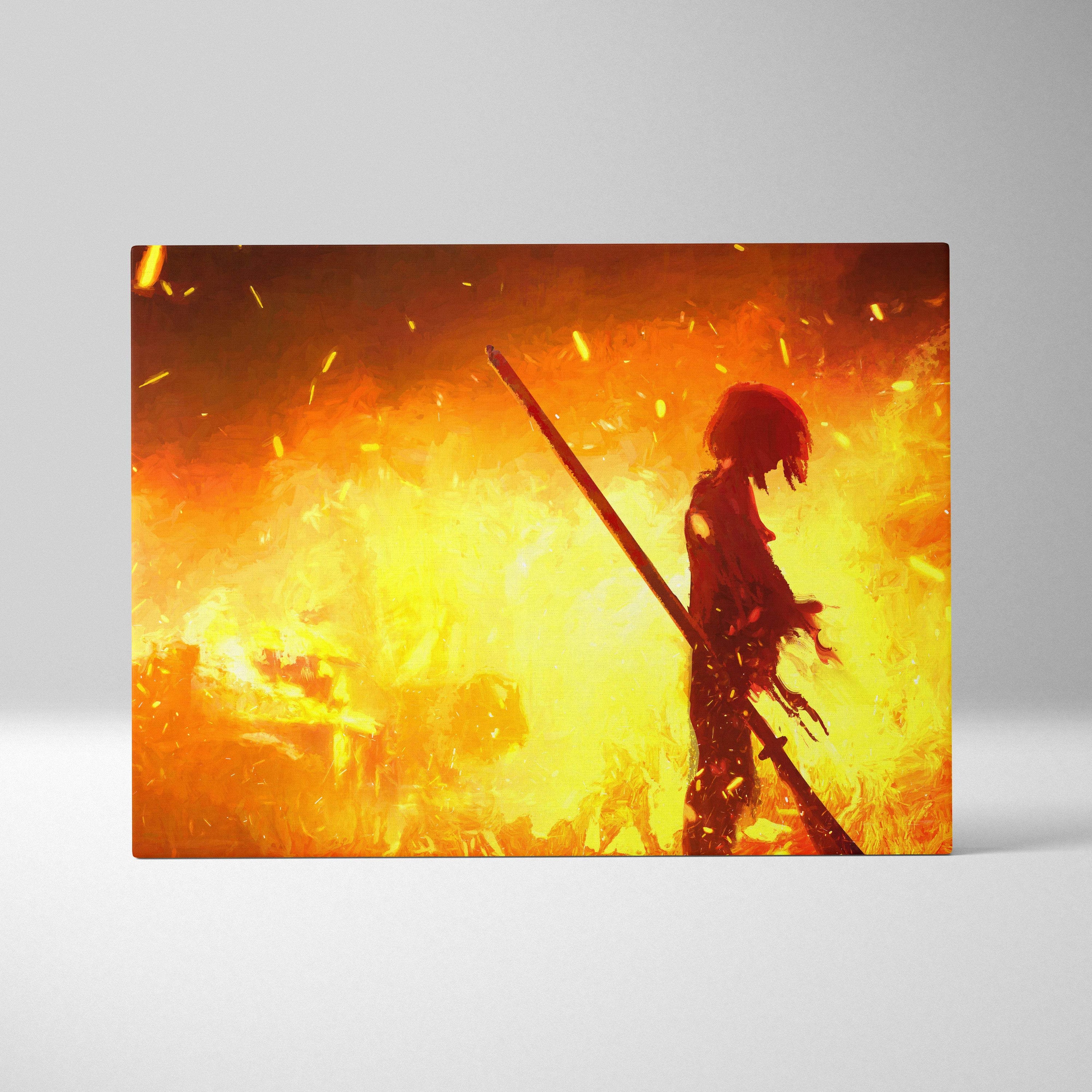 Rectangular canvas print of an anime-style red-haired warrior silhouette with spear on fiery orange and yellow background
