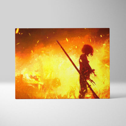 Rectangular canvas print of an anime-style red-haired warrior silhouette with spear on fiery orange and yellow background