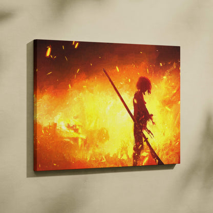 Vibrant orange and yellow flame-themed canvas print featuring a silhouetted anime character holding a long staff