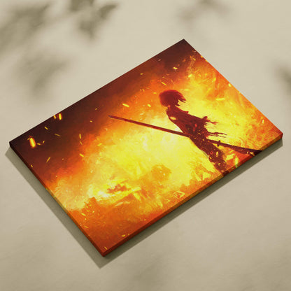 Vibrant orange and yellow canvas print featuring an anime knight silhouette holding a sword in a fiery siege scene