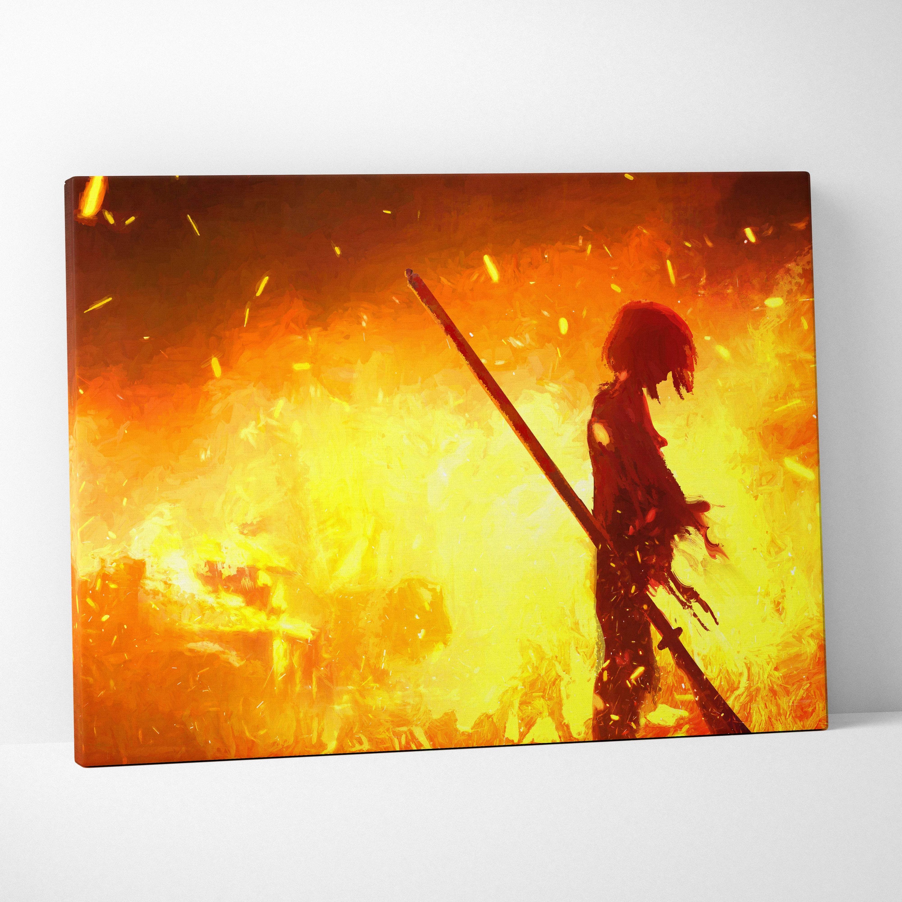 Canvas print featuring silhouette of anime character with long staff against fiery orange and yellow background
