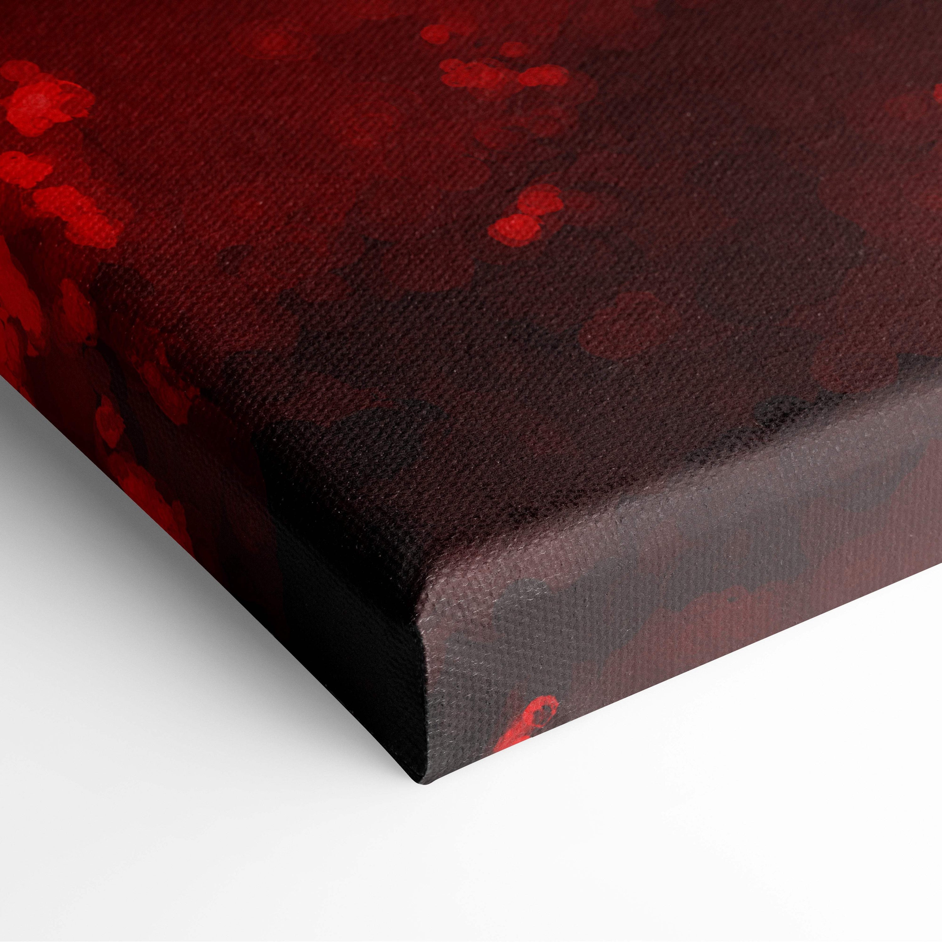A textured canvas print featuring a deep red and black abstract design with splattered paint effects titled crimson dreamscape girl canvas art