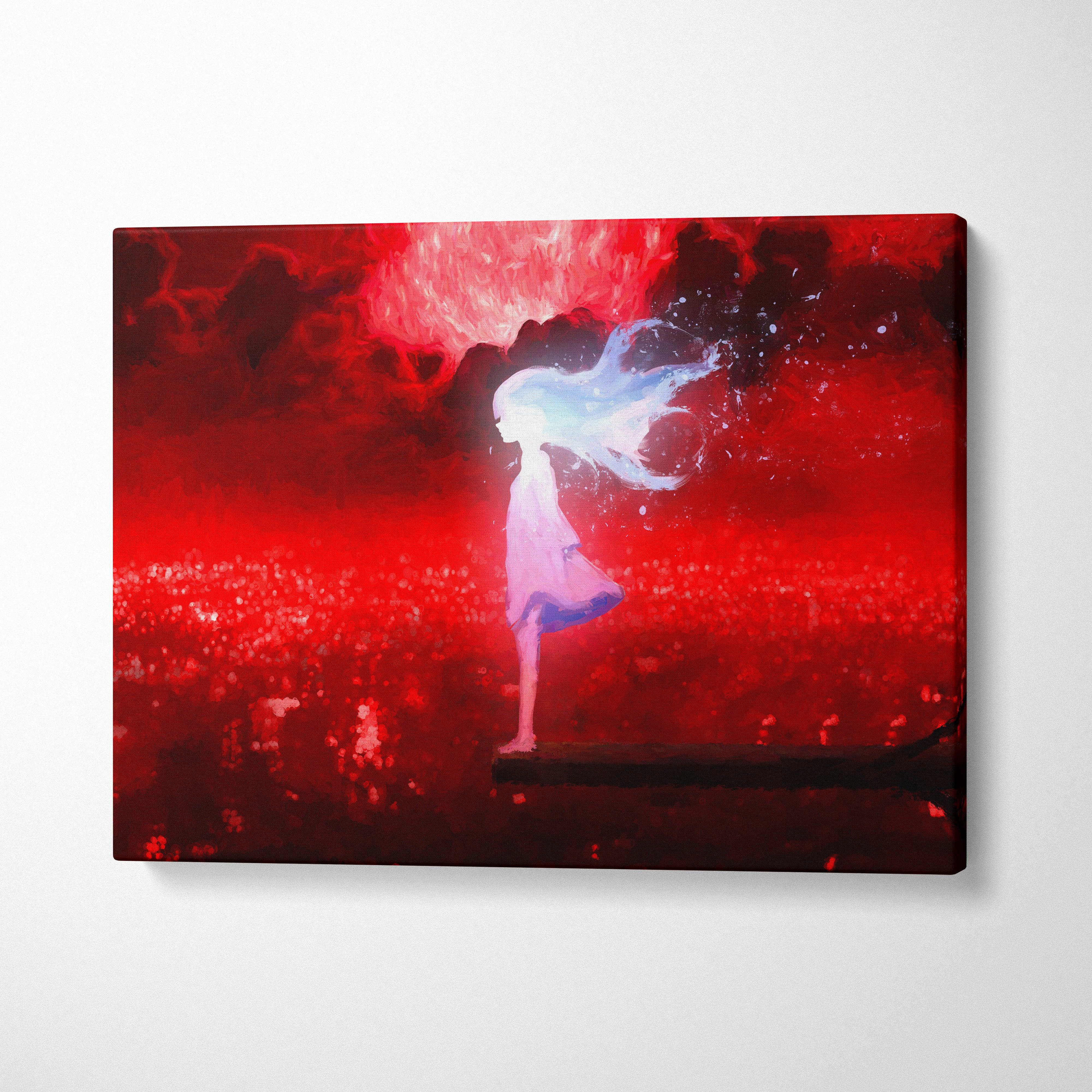 A canvas print of a stylized anime girl with flowing white hair in a pale pink dress against a vibrant red fiery background
