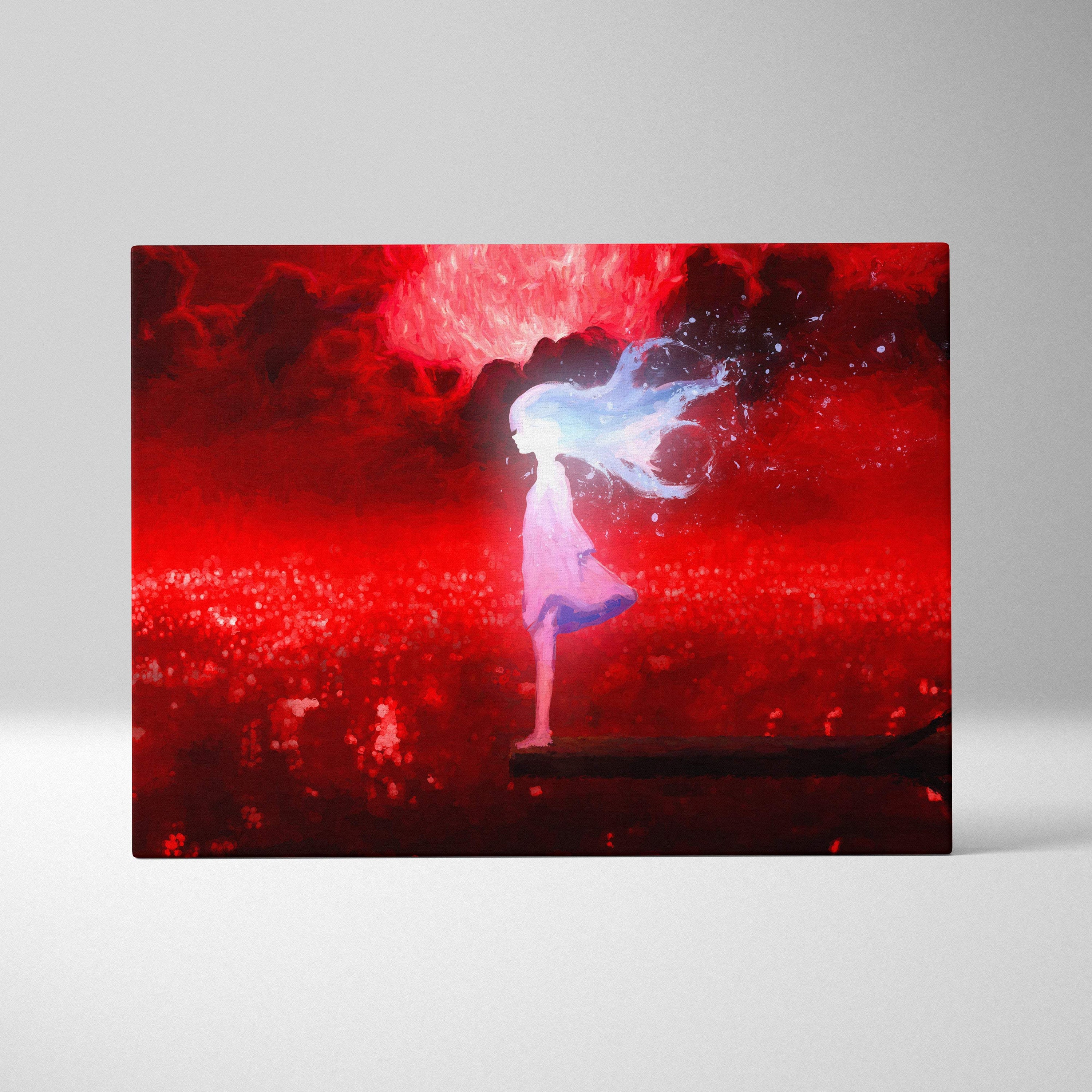A rectangular canvas print featuring a stylized anime girl with white hair against a red and black background