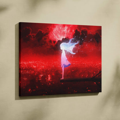 Crimson dreamscape girl canvas art featuring a glowing white-haired figure on a vibrant red cosmic background