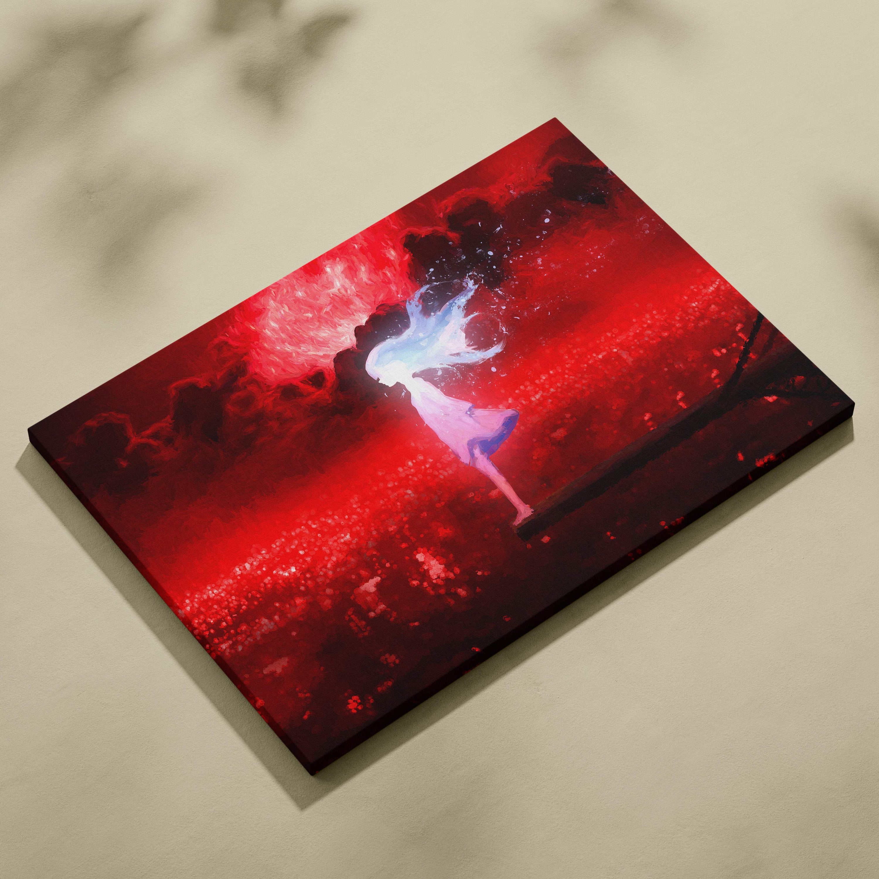 A vibrant red canvas art print featuring a glowing white figure in a surreal fantasy landscape