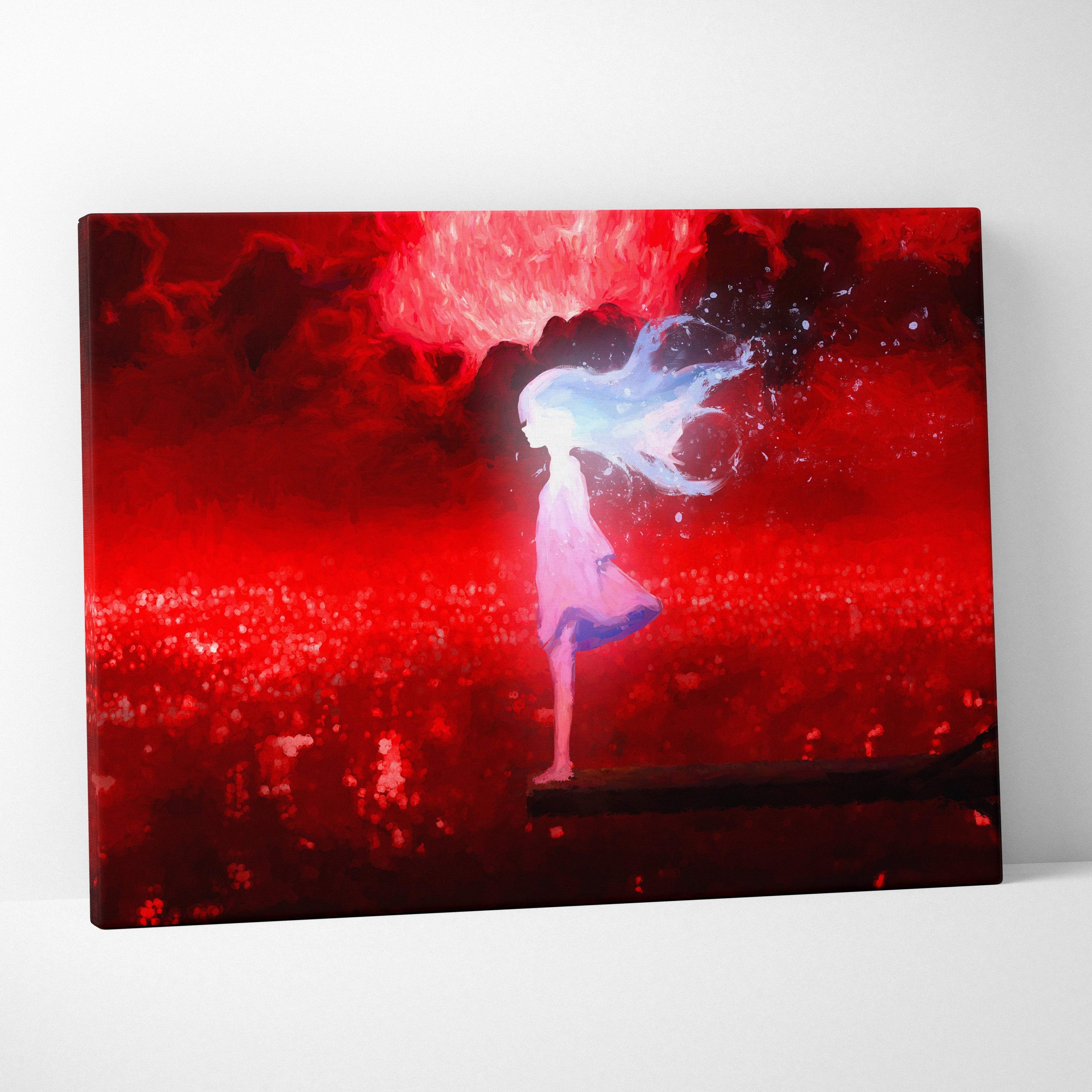 Crimson dreamscape girl canvas art with vibrant red surreal fantasy landscape and stylized anime figure on cosmic backdrop