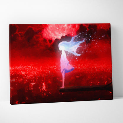 Crimson dreamscape girl canvas art with vibrant red surreal fantasy landscape and stylized anime figure on cosmic backdrop