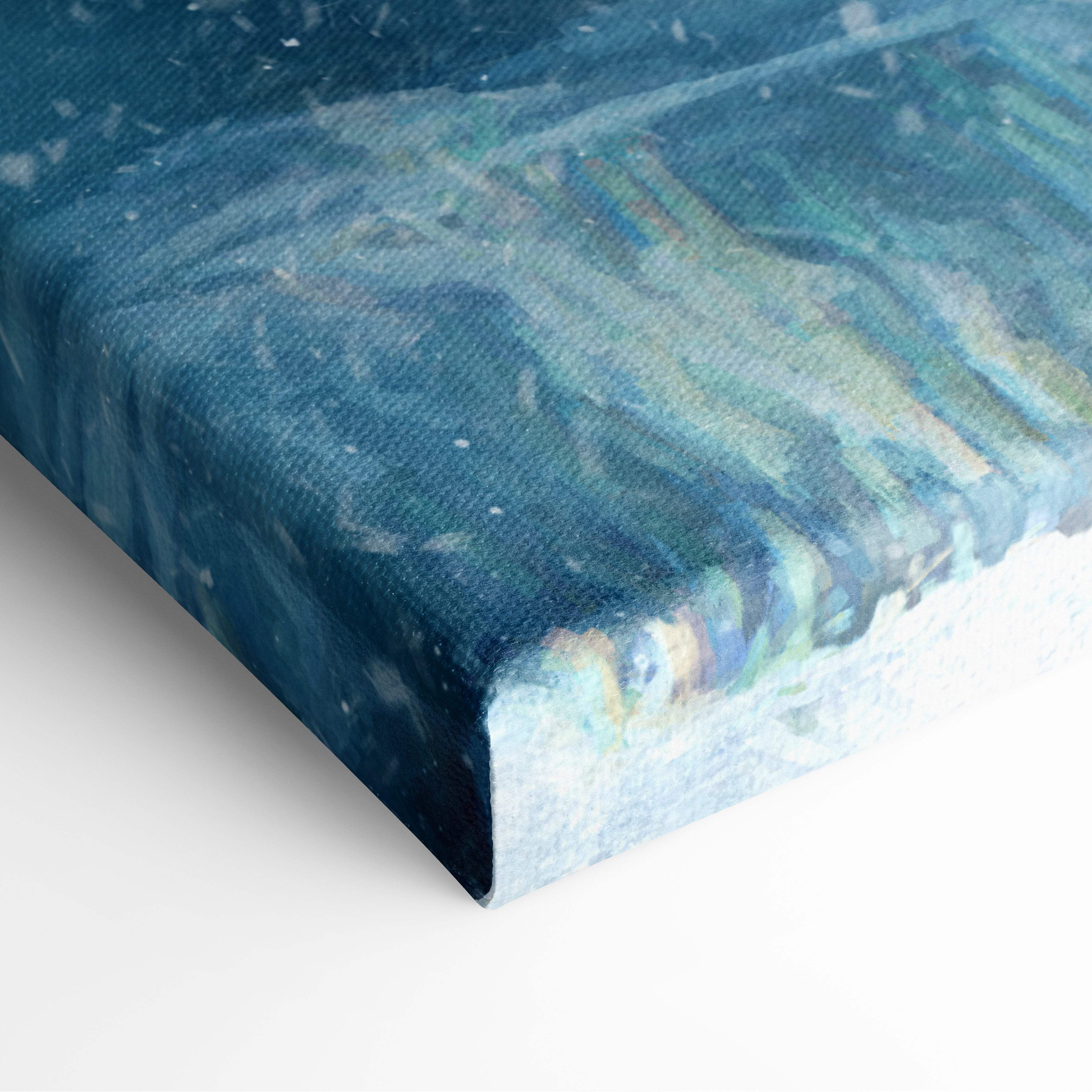 Blue and teal abstract canvas print with textured brushstrokes featuring frozen watcher at the gate dark fantasy scene