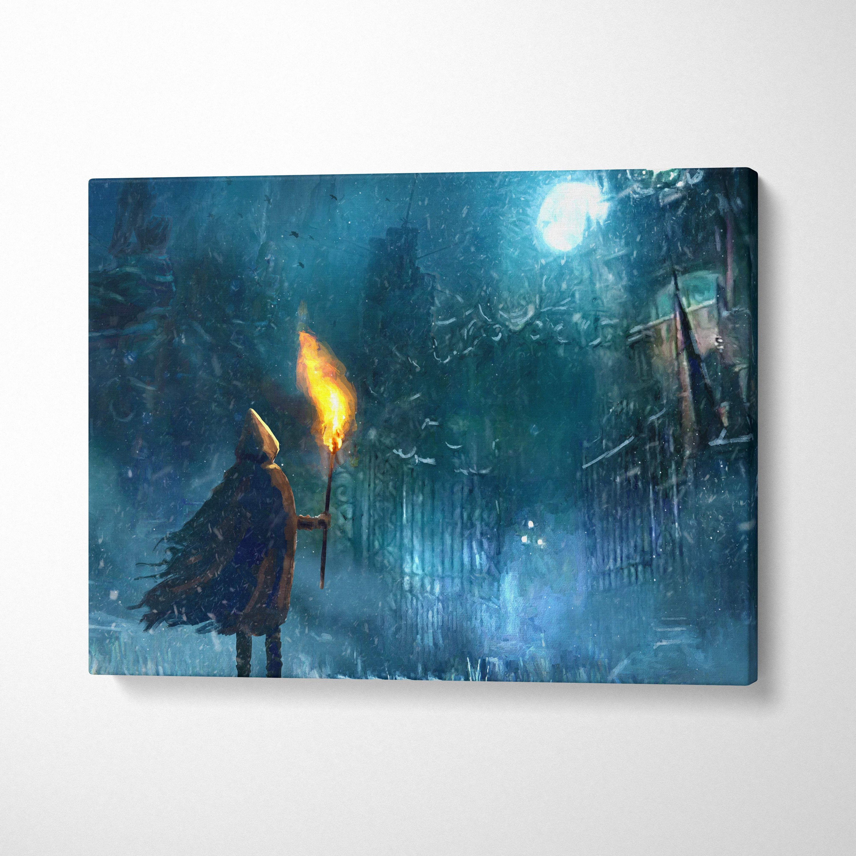 Blue-toned canvas print of a hooded figure holding a torch in a snowy moonlit urban alleyway titled frozen watcher at the gate