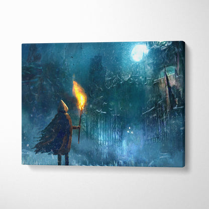 Blue-toned canvas print of a hooded figure holding a torch in a snowy moonlit urban alleyway titled frozen watcher at the gate