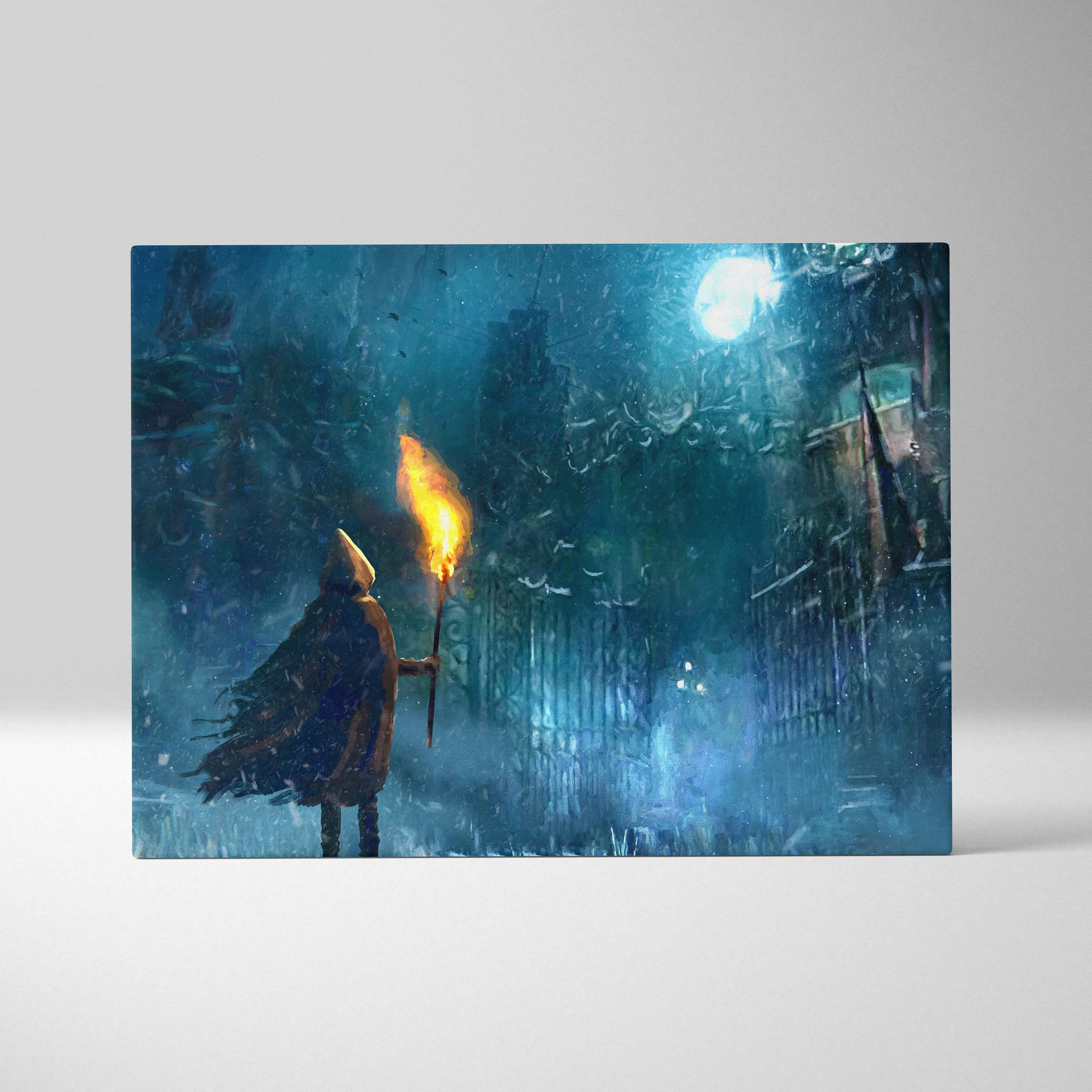 Rectangular canvas print of a cloaked figure with torchlight in a blue-toned snowstorm and moonlit gothic ruins scene