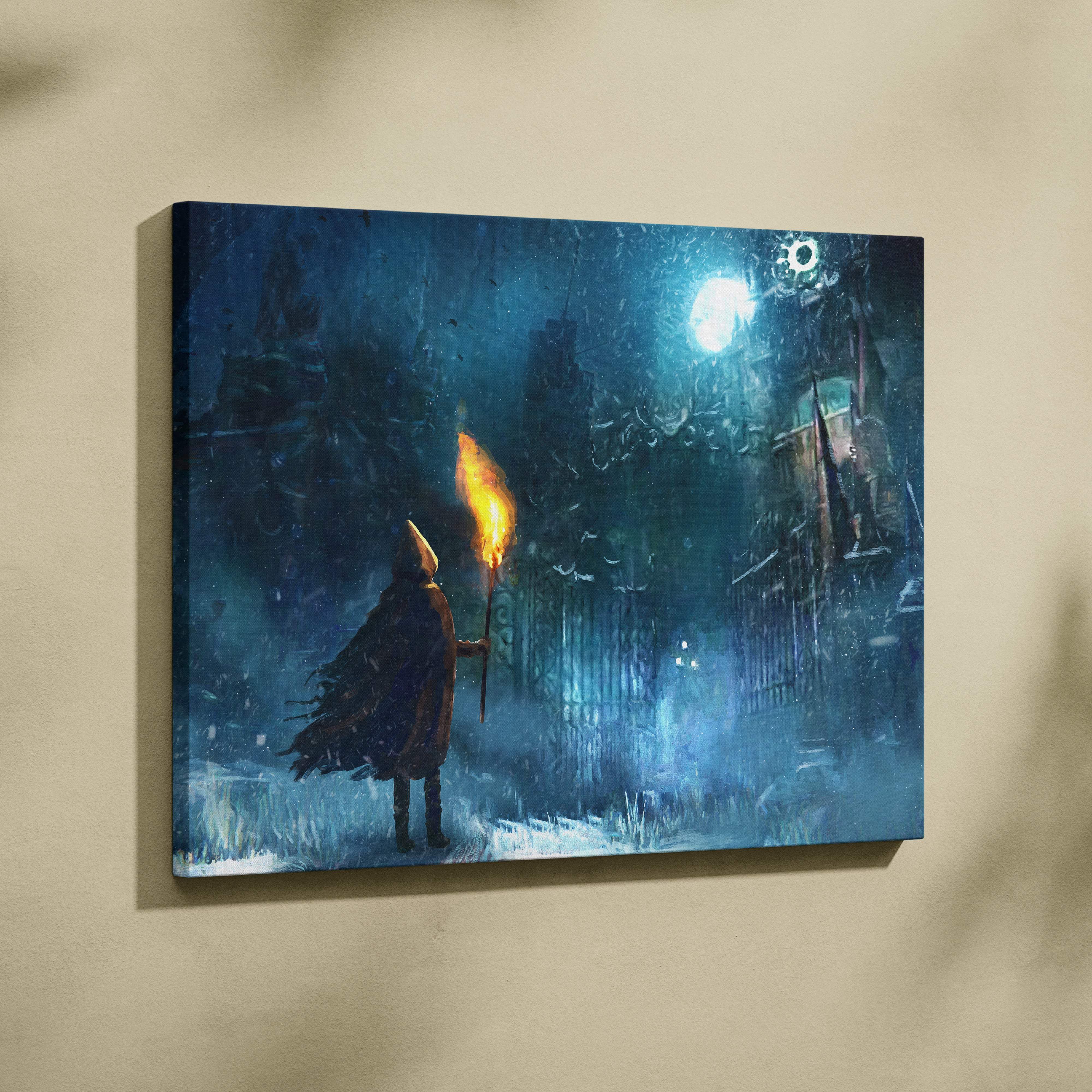Dark fantasy canvas art of a hooded figure with torch in a snowy moonlit urban alley with gothic ruins