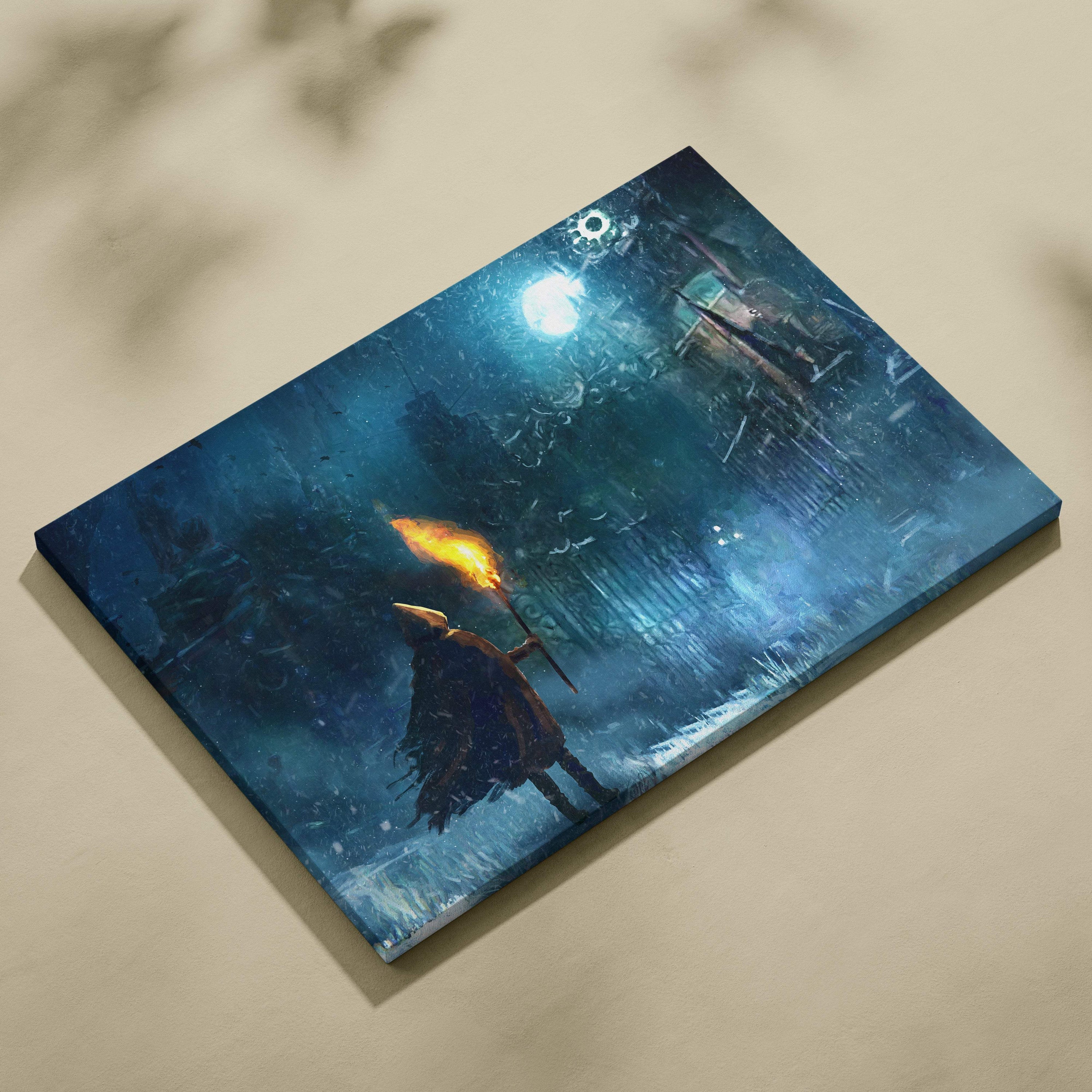 A rectangular canvas print of a dark blue frozen watcher scene with a cloaked figure holding a torch under moonlight
