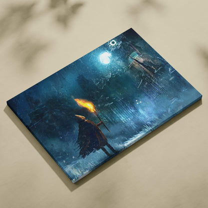 A rectangular canvas print of a dark blue frozen watcher scene with a cloaked figure holding a torch under moonlight