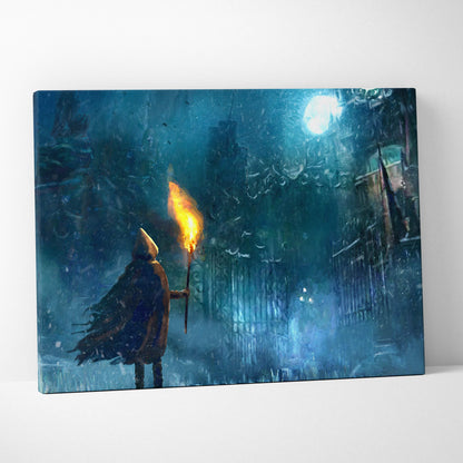 Blue-toned canvas print featuring a hooded figure holding a glowing torch in a misty moonlit urban alleyway