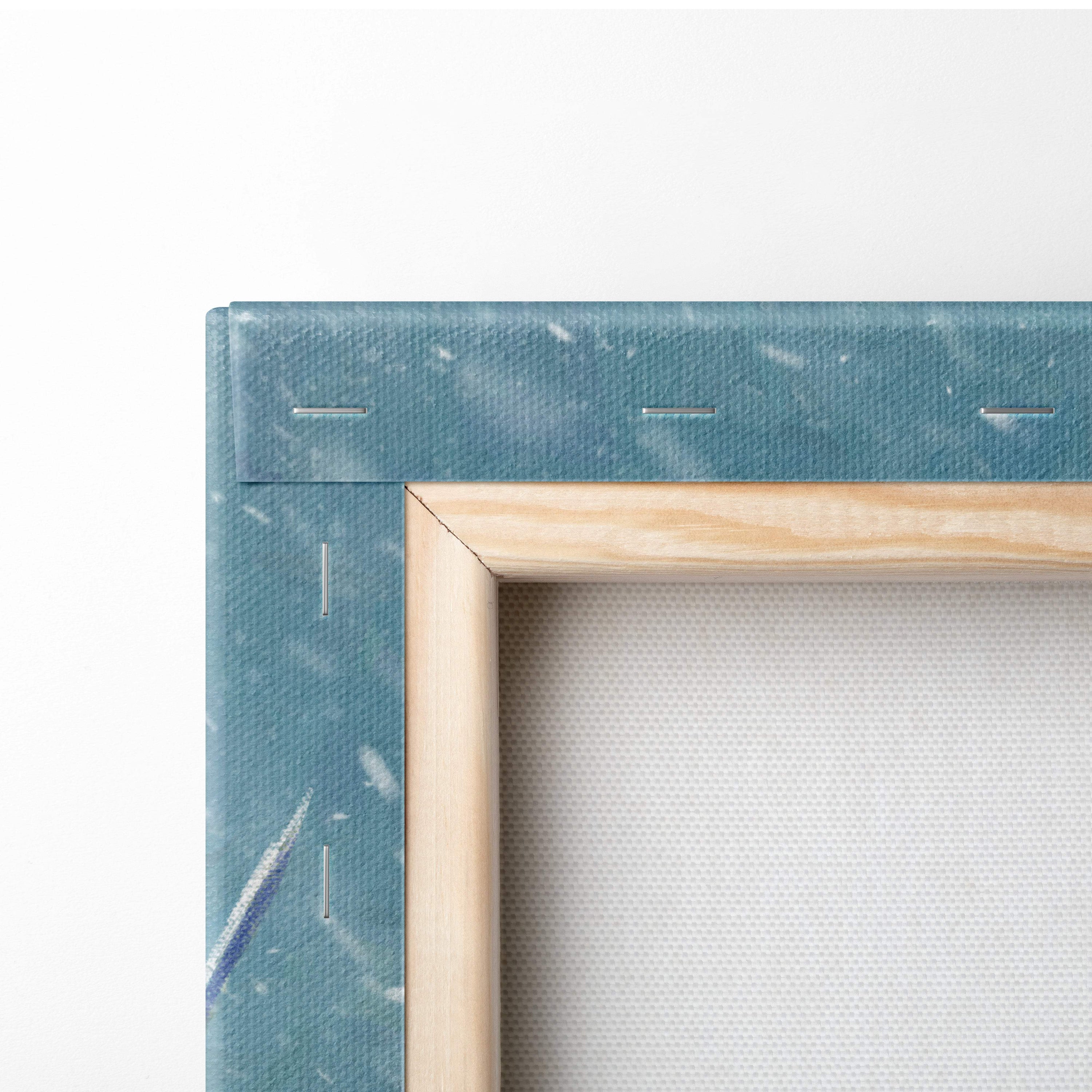 Teal canvas painting with light wood frame depicting crimson cloak commander leading armored knights in snowy battle