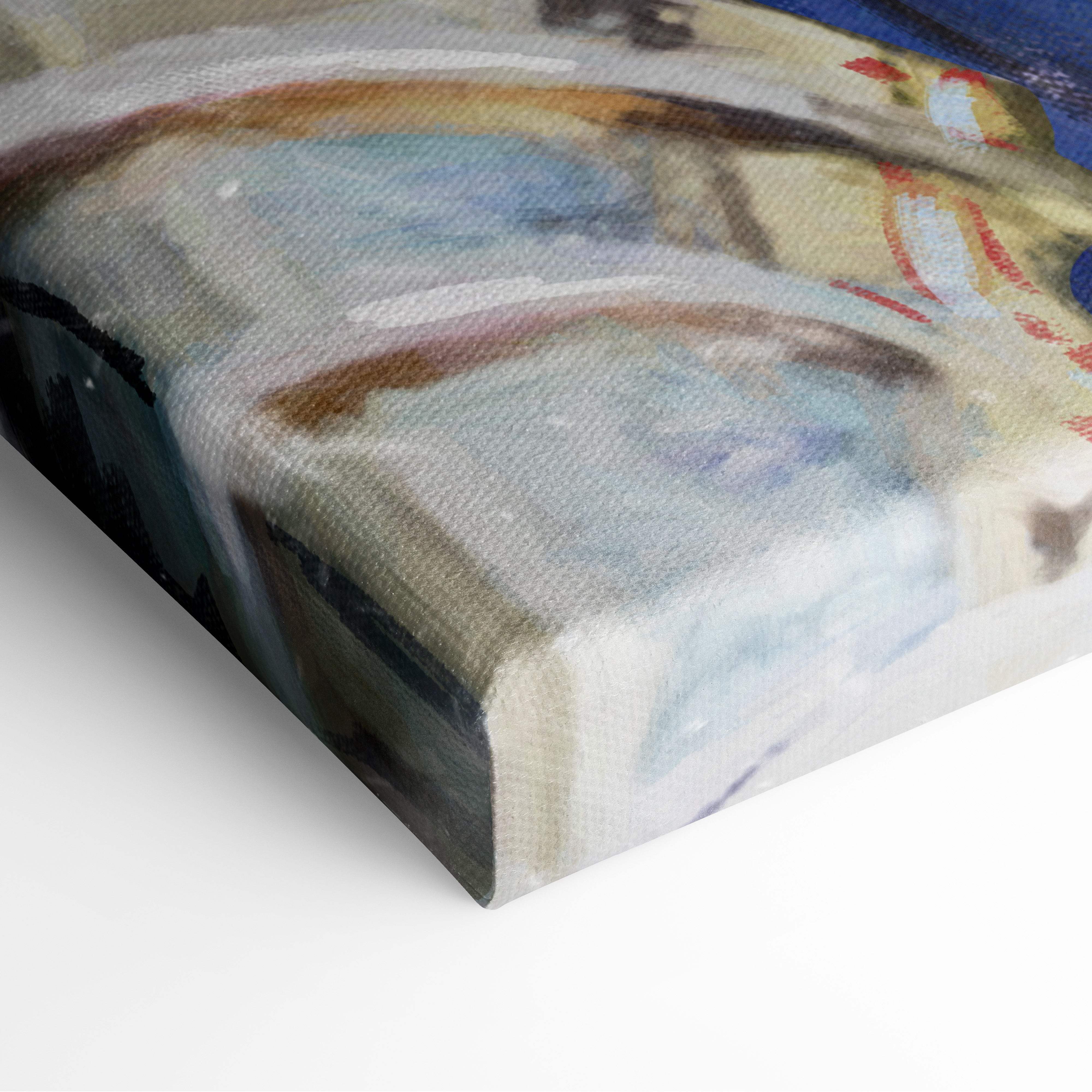 Abstract canvas print of a battle ready warrior maiden leading armored knights in muted blues grays and earthy browns on fabric