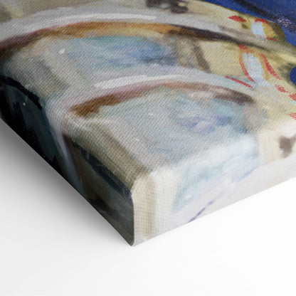 Abstract canvas print of a battle ready warrior maiden leading armored knights in muted blues grays and earthy browns on fabric