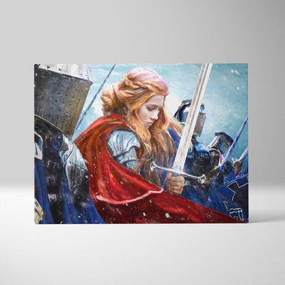 A rectangular canvas print of a female knight with reddish blonde hair in armor and a flowing red cape holding a sword