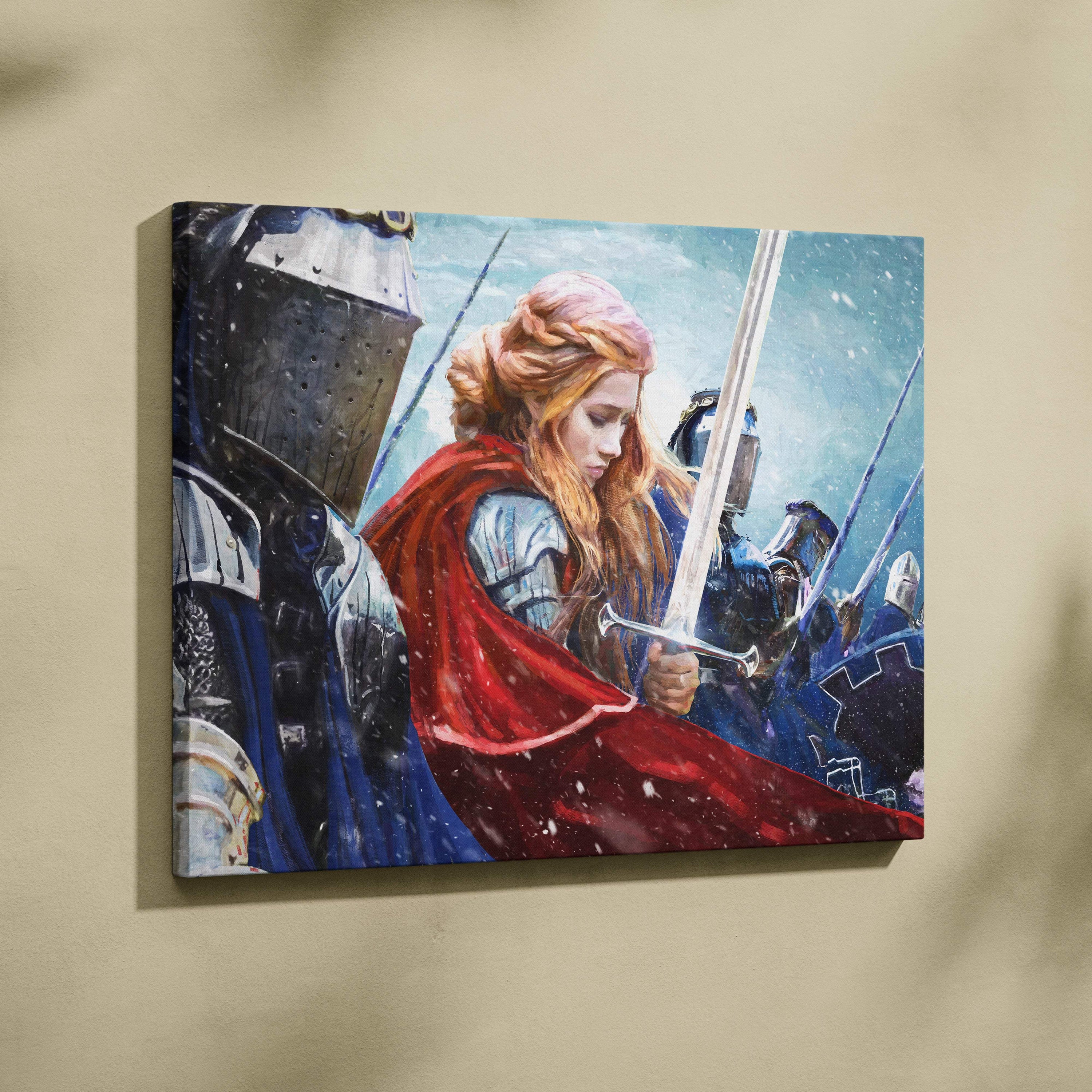 A vibrant canvas painting of a red-cloaked warrior woman leading armored knights in a snowy medieval battle