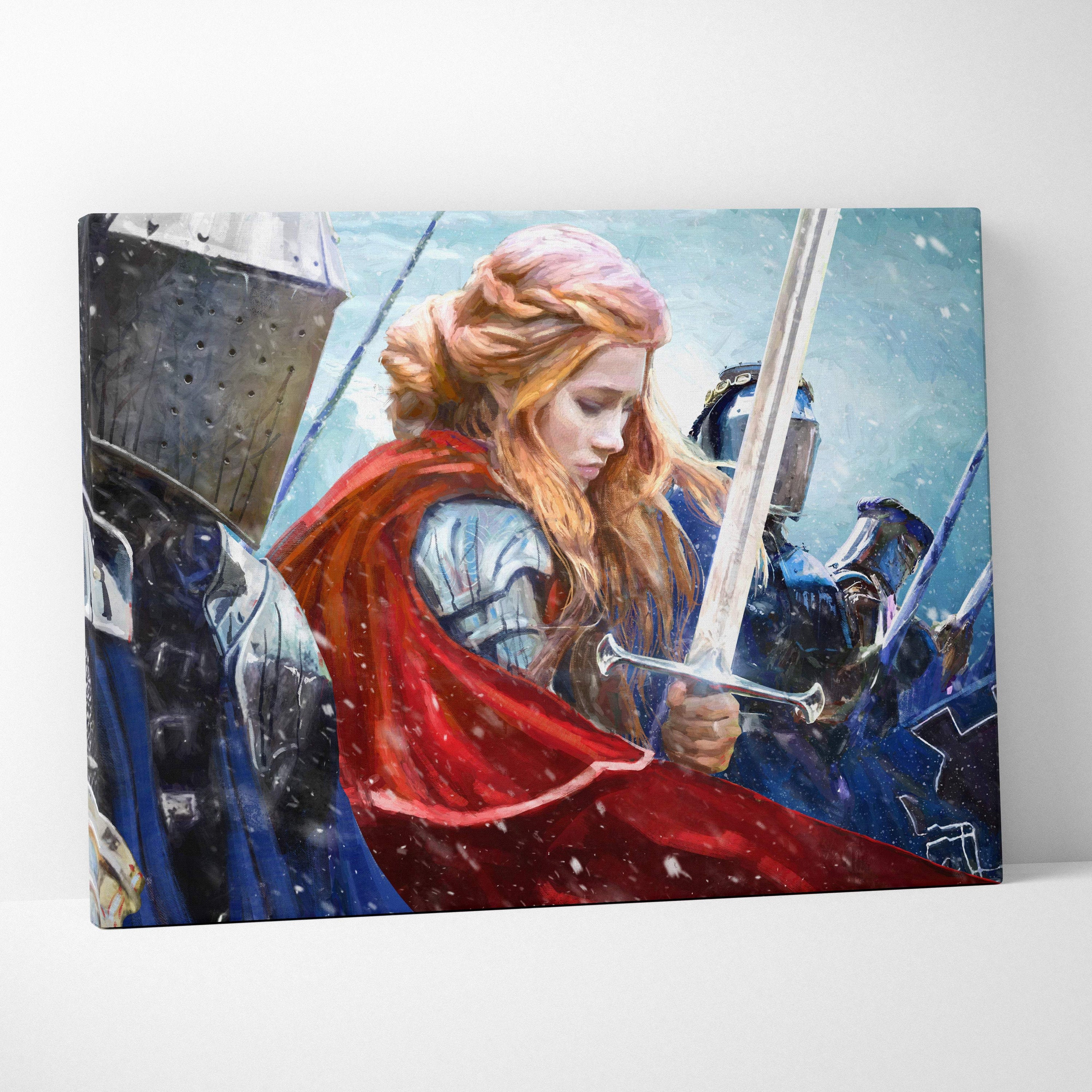 A vibrant canvas print of a female knight in silver armor with a red cape holding a sword during a snowy battle scene