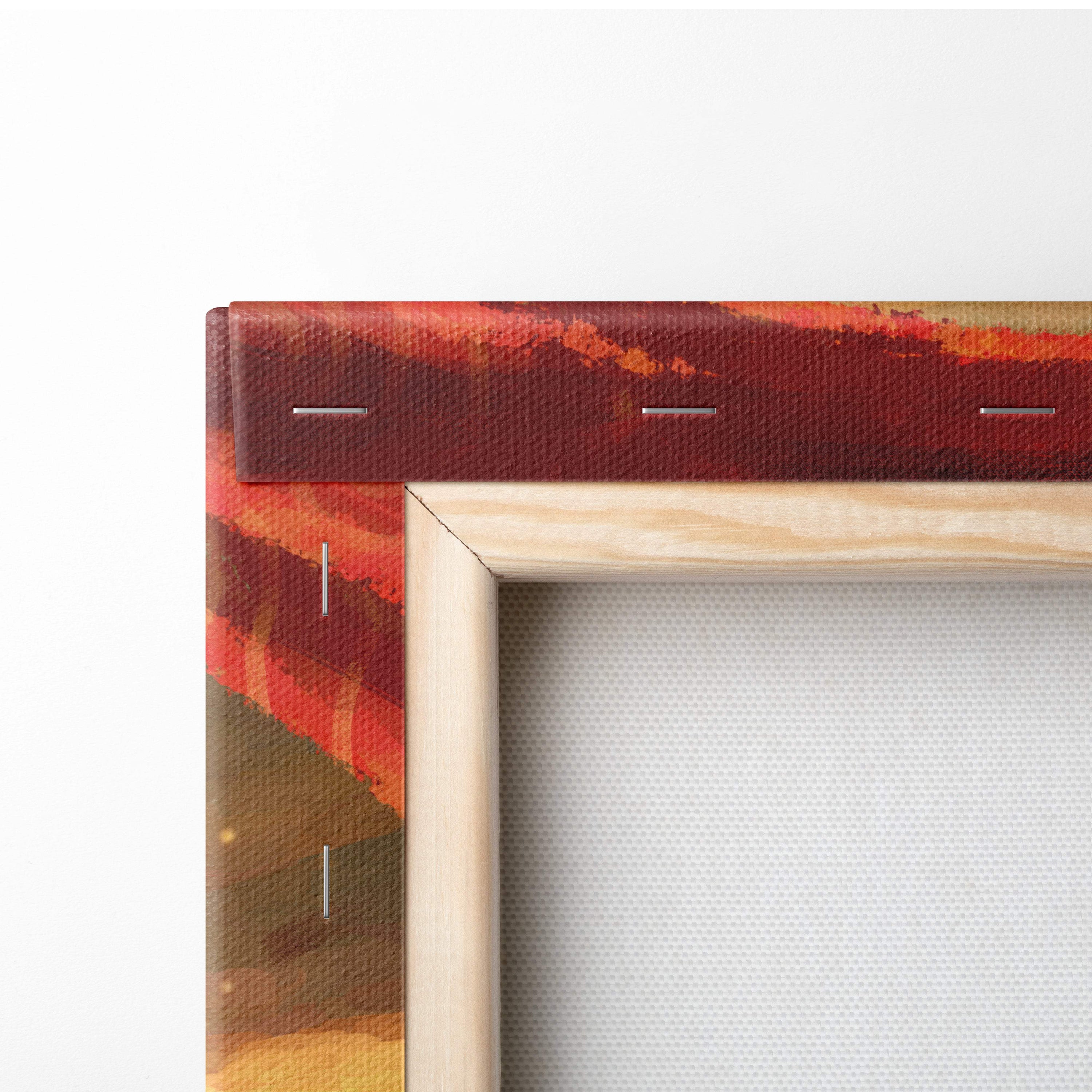A wooden frame holding a canvas print of fantasy canyon sunset with warm reds oranges and browns in painterly style