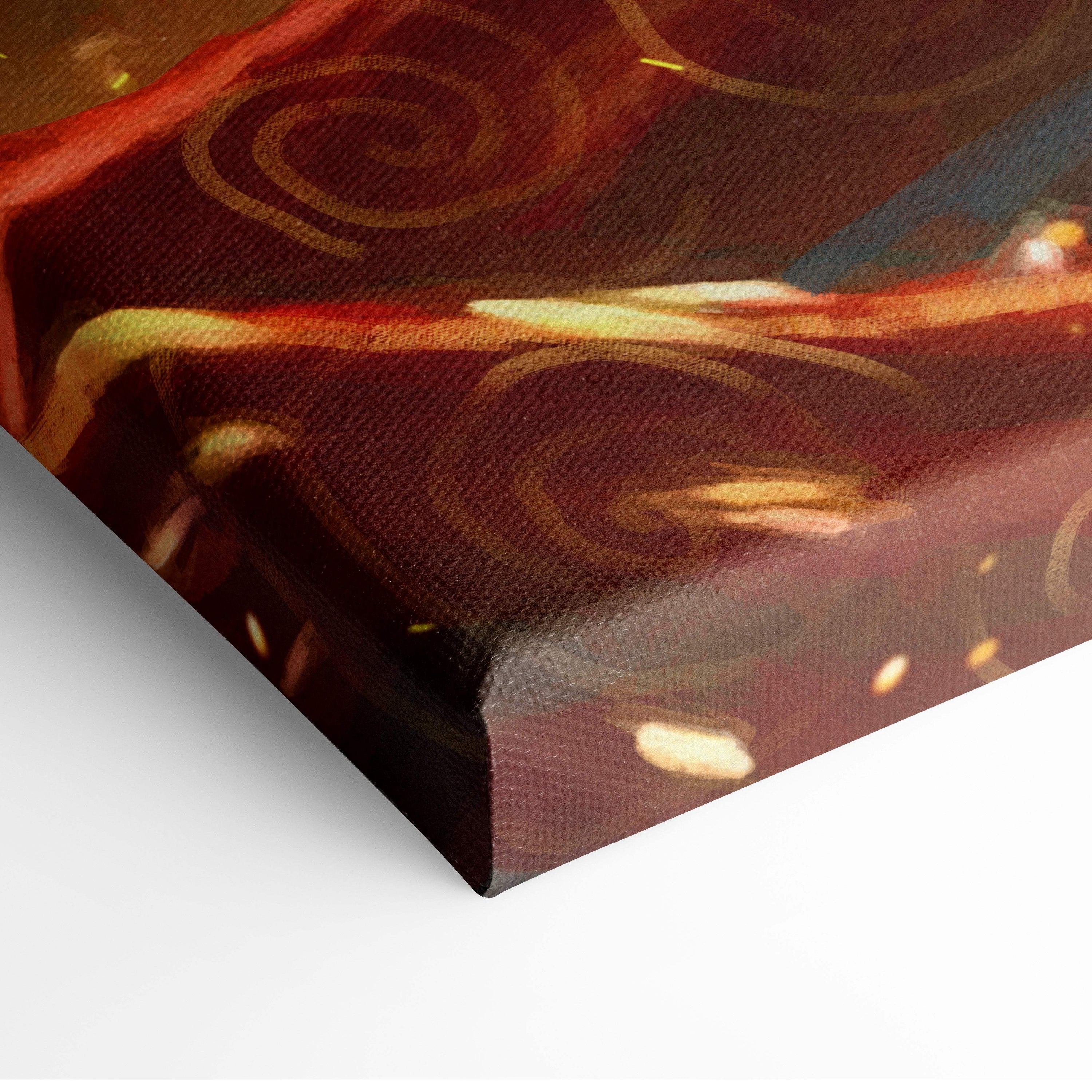 Fantasy canyon sunset canvas wall art with warm red background and swirling golden abstract patterns in painterly style