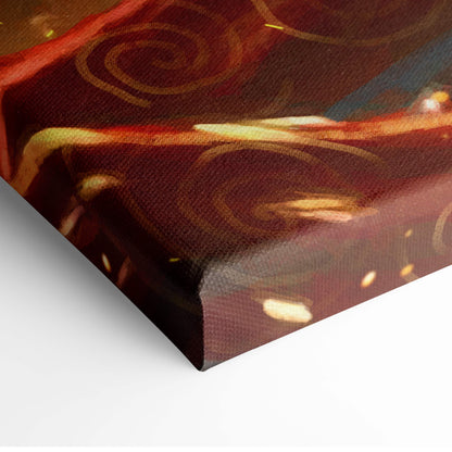 Fantasy canyon sunset canvas wall art with warm red background and swirling golden abstract patterns in painterly style