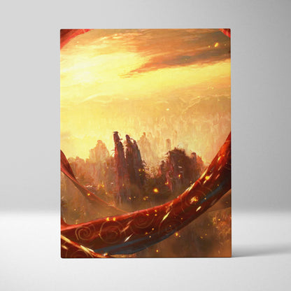 Fantasy canyon sunset canvas wall art featuring vibrant orange and yellow stylized mountains with ornate red ribbon design