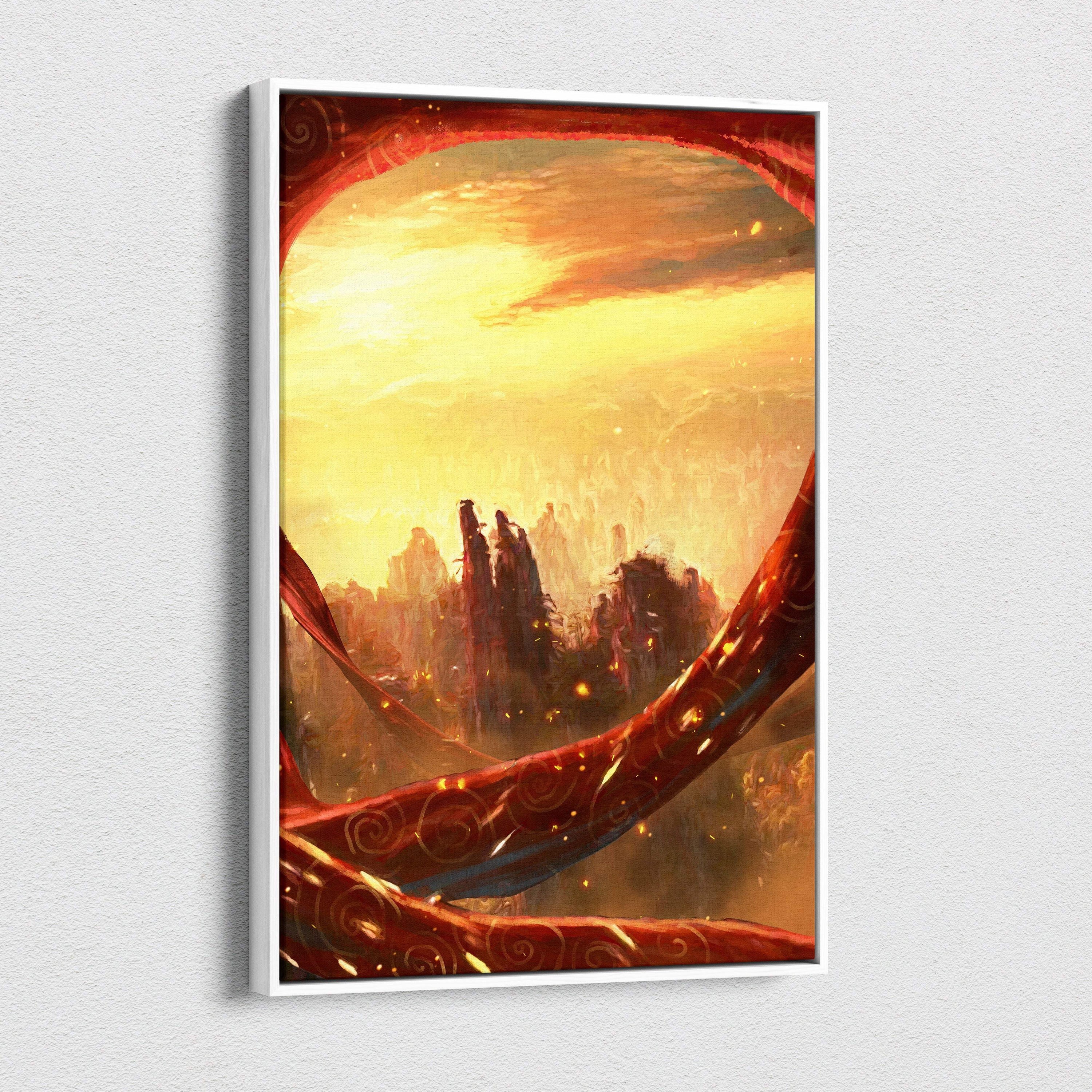 A framed canvas print of a fiery sunset over silhouetted mountains with red and gold swirling patterns